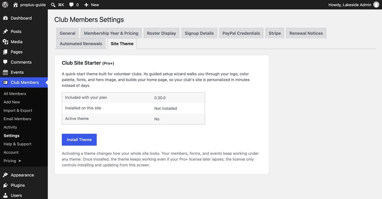 The Site Theme tab before the theme is installed