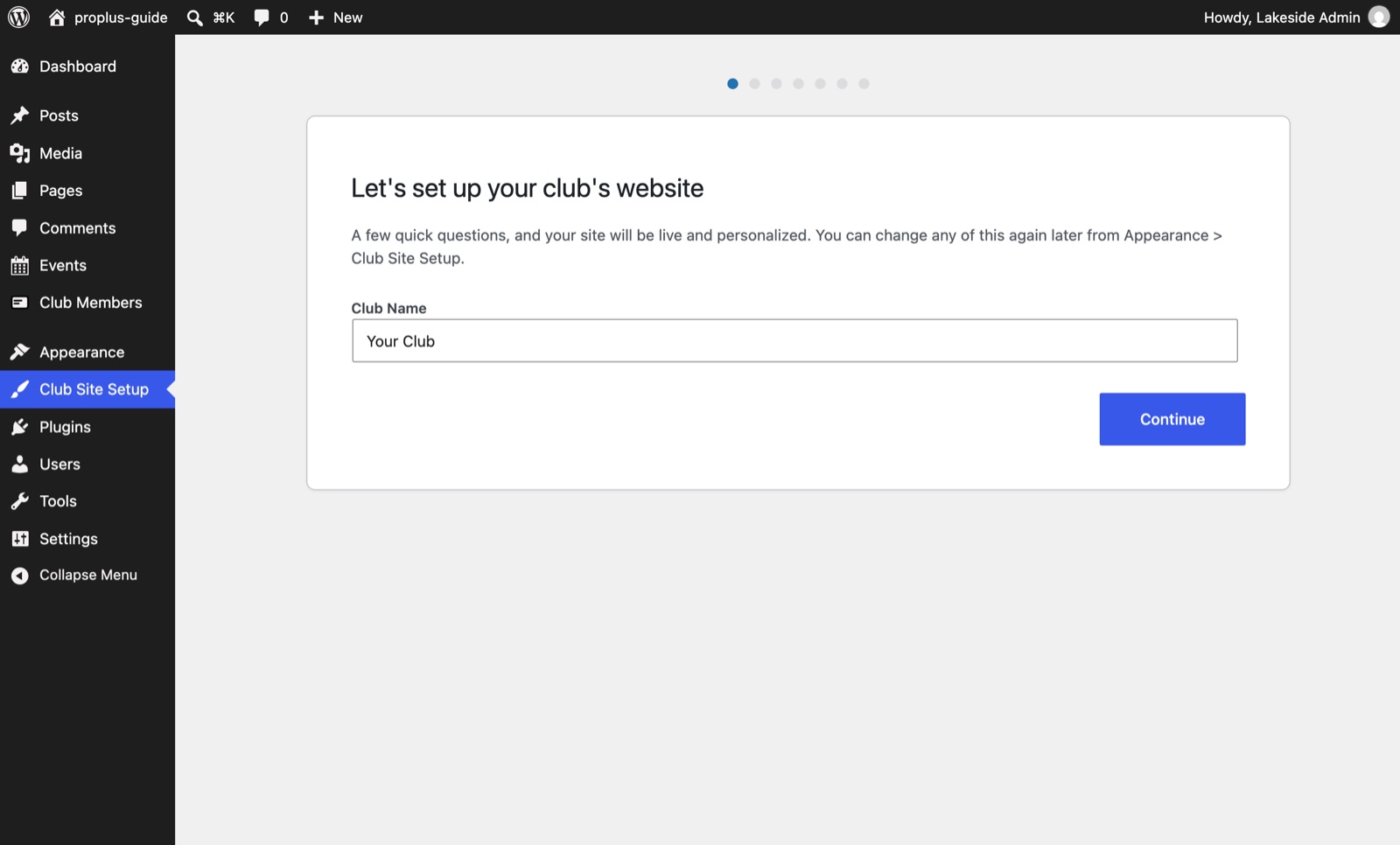 Wizard step 1 asking for the club name