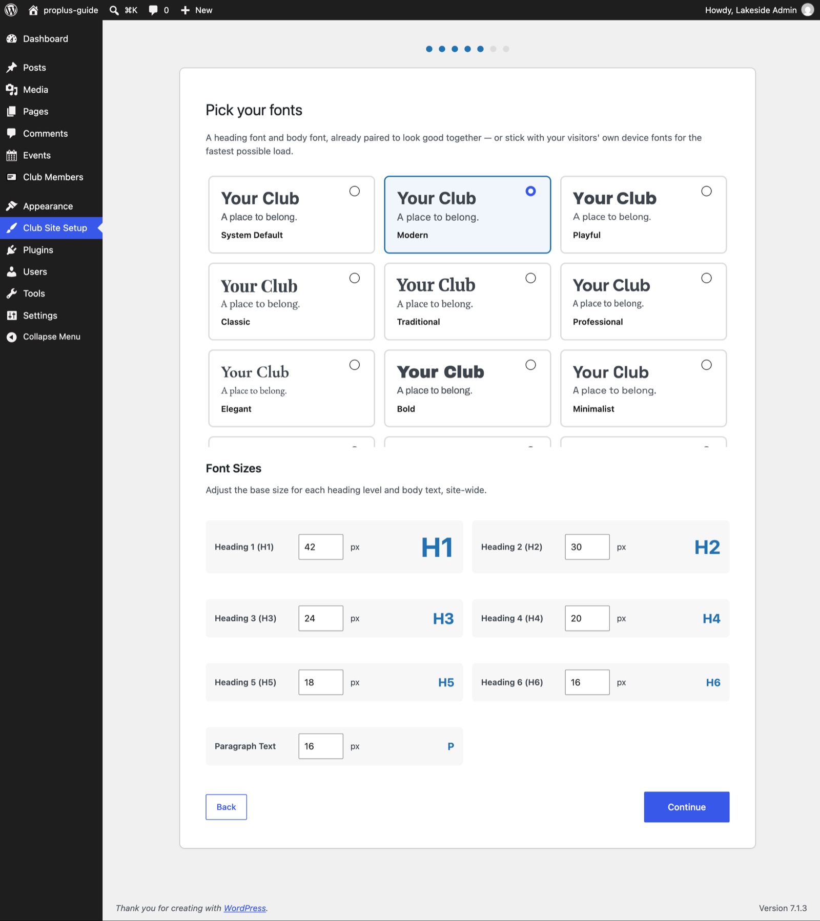 Wizard step 5 for choosing fonts and font sizes