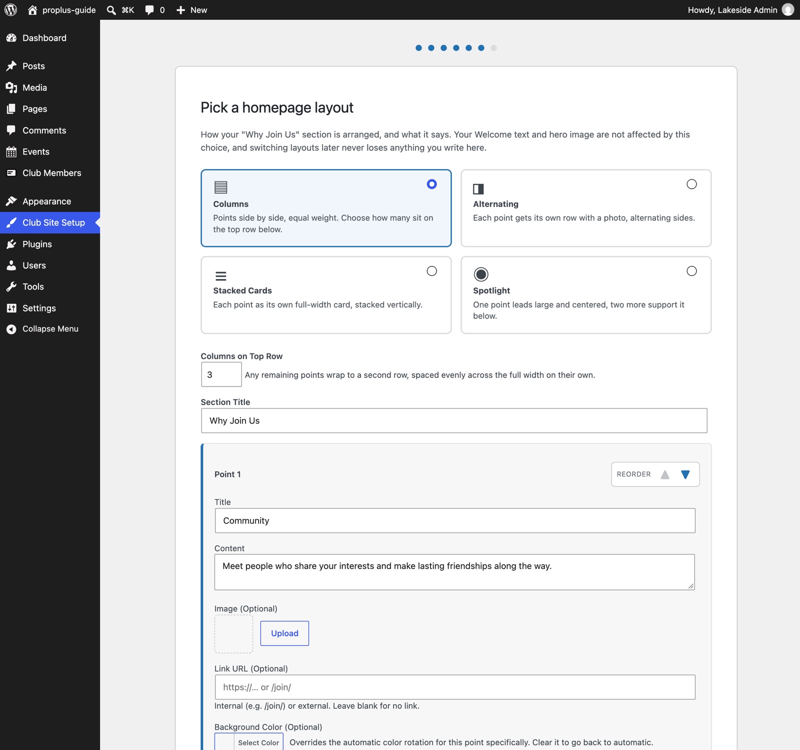 Wizard step 6 for choosing the homepage layout and editing points