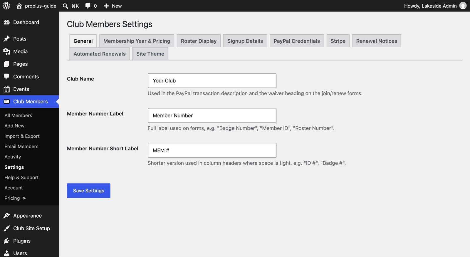 The General settings tab