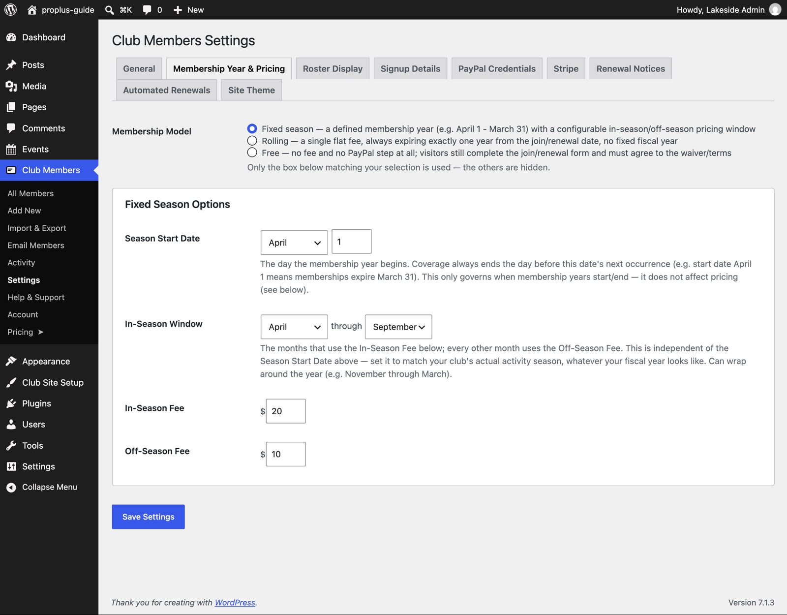 The Membership Year and Pricing tab