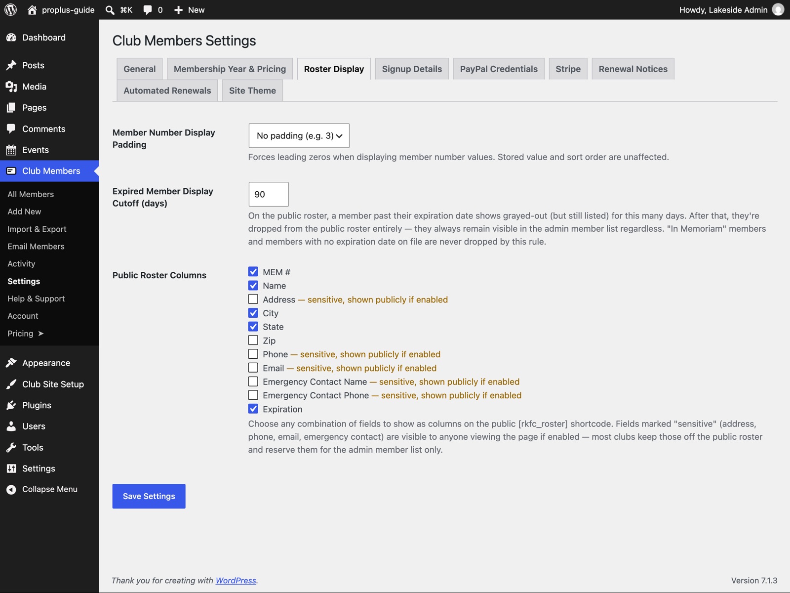 The Roster Display settings tab