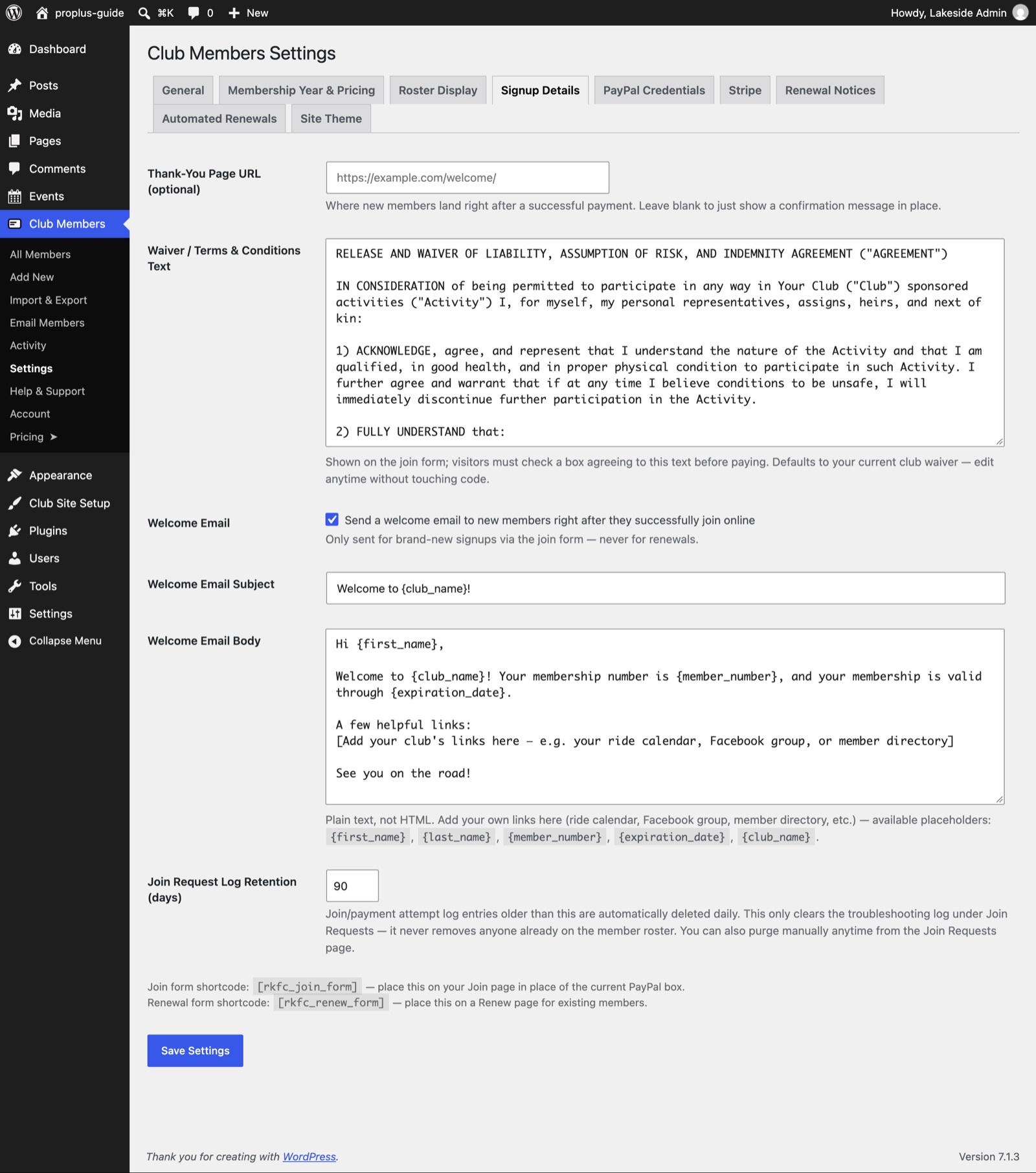 The Signup Details settings tab