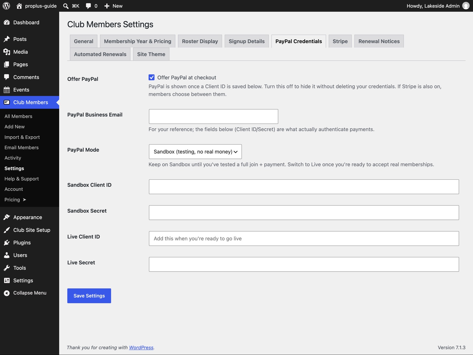 The PayPal Credentials tab with empty key fields