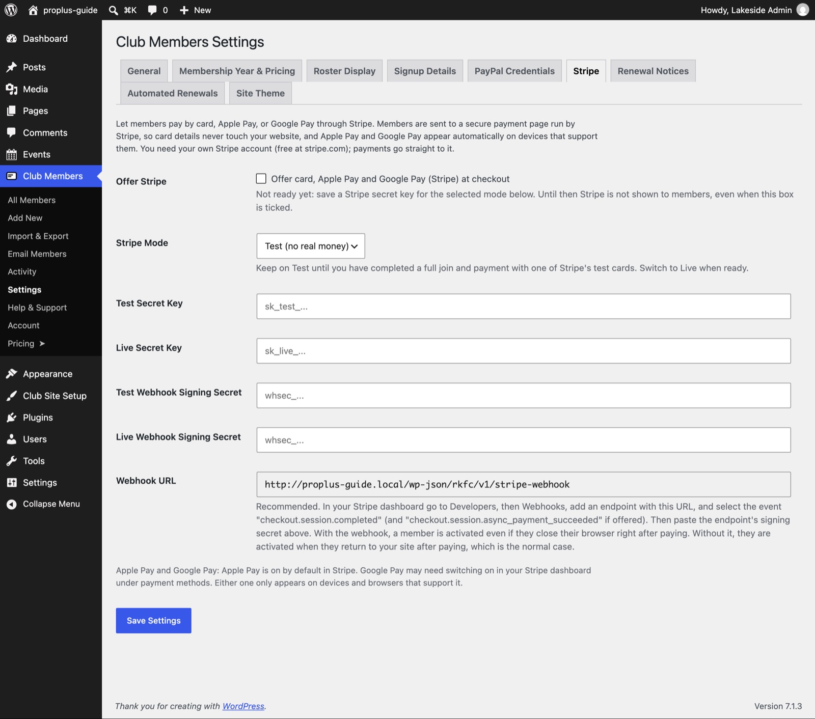 The Stripe tab with empty key fields