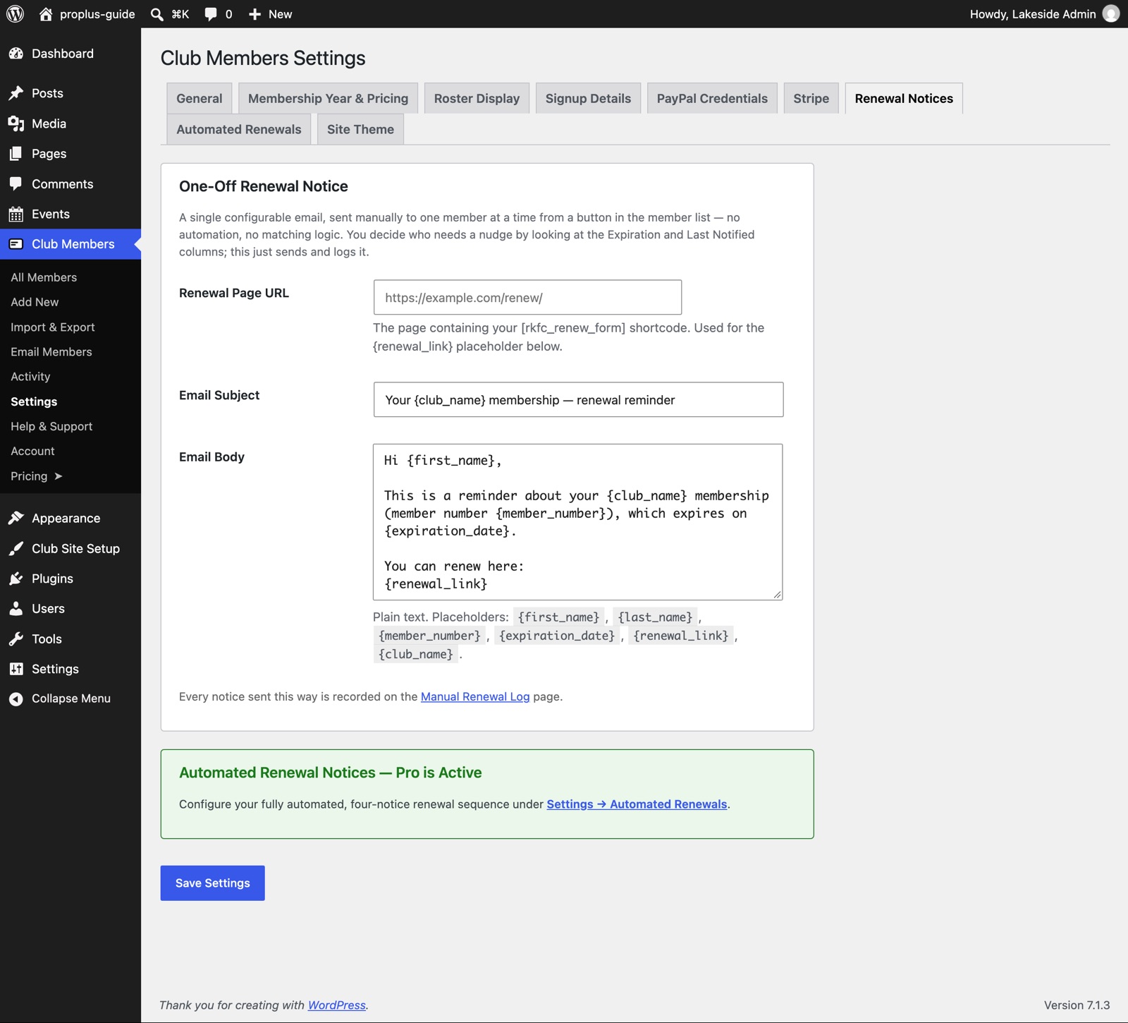 The Renewal Notices settings tab