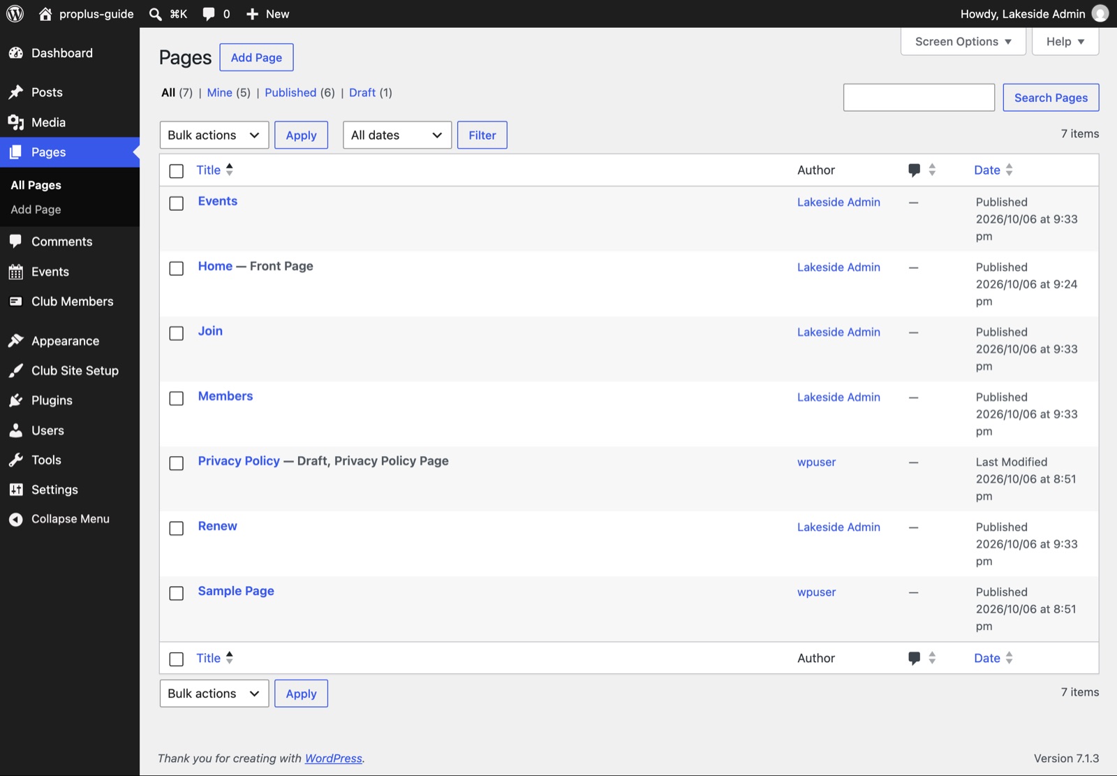 The Pages list showing Join, Renew, Members and Events