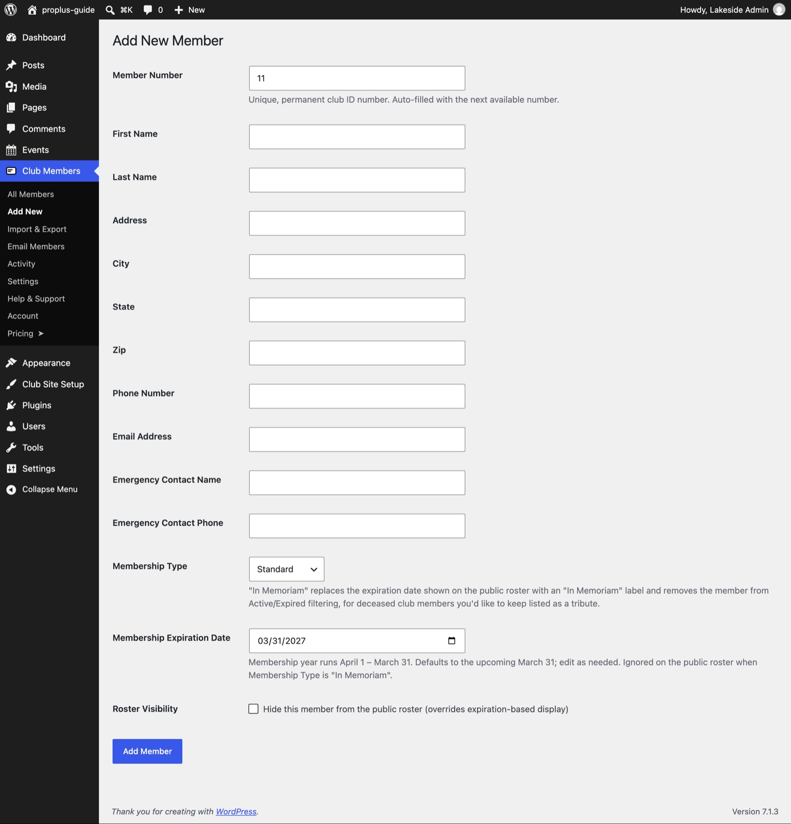 The Add Member form