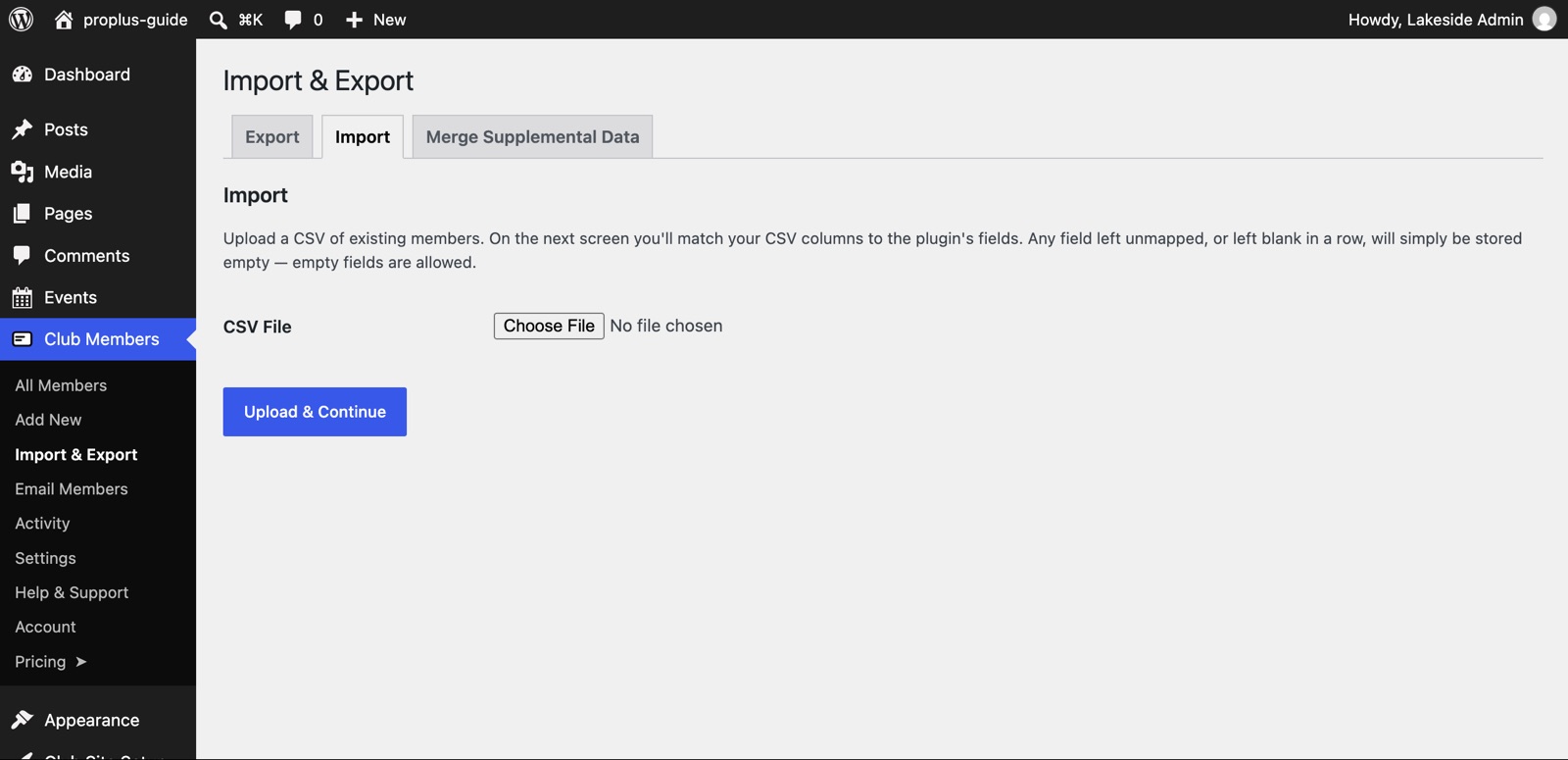 The Import and Export screen