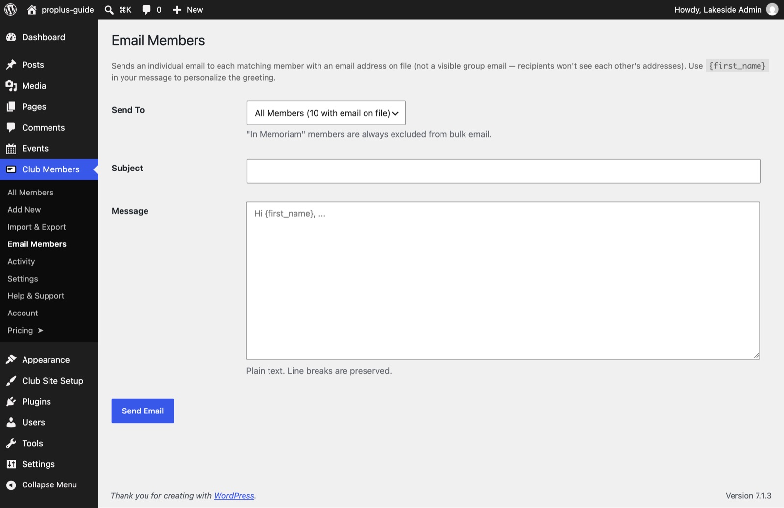 The Email Members screen