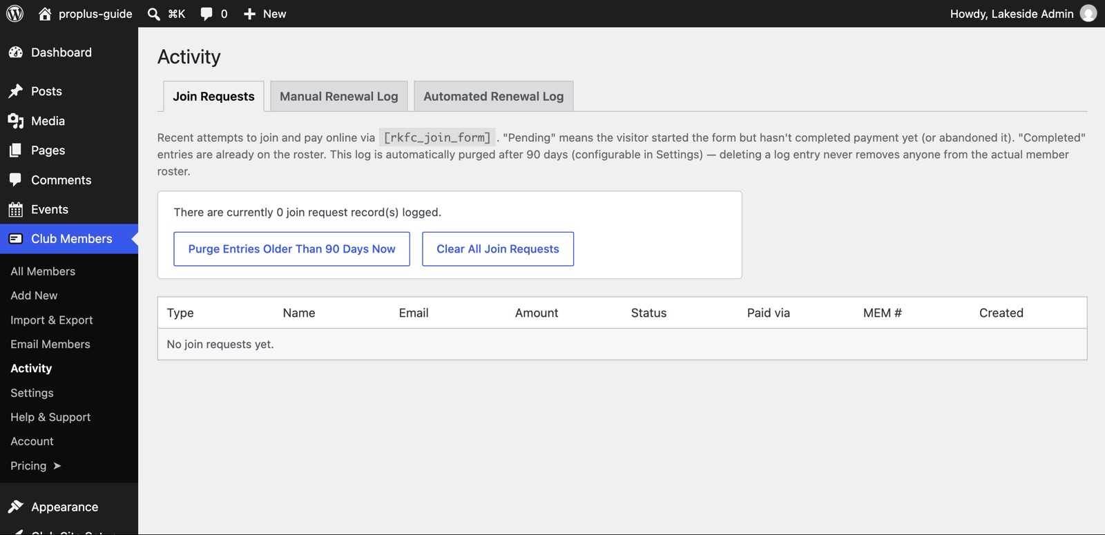 The Activity page, Join Requests tab
