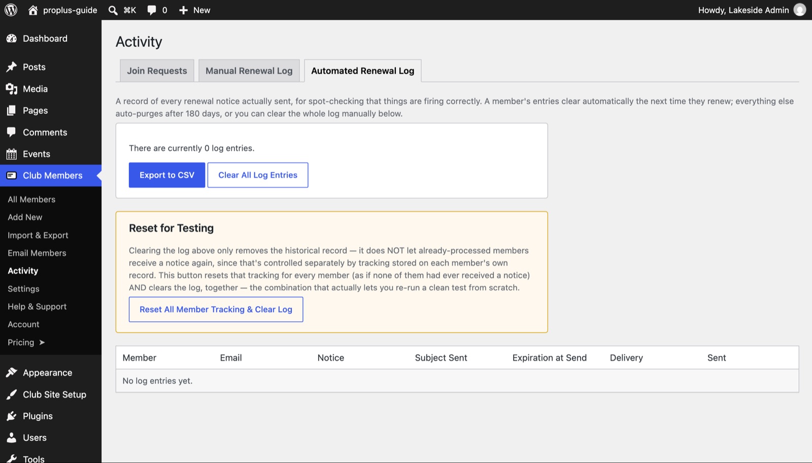 The Activity page, Automated Renewal Log tab