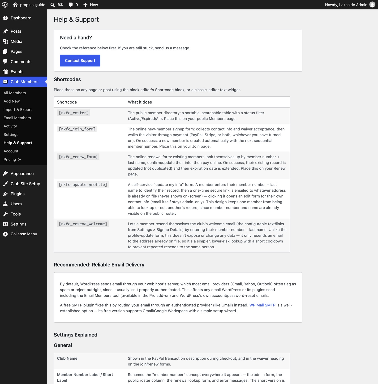 The Help and Support page