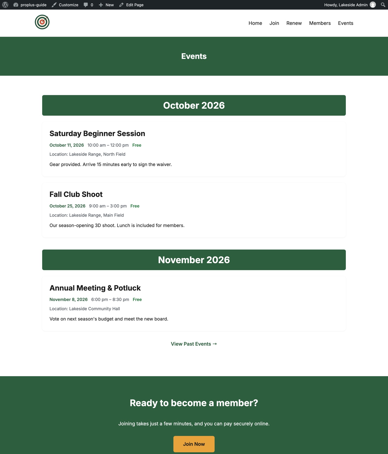 The public Events page