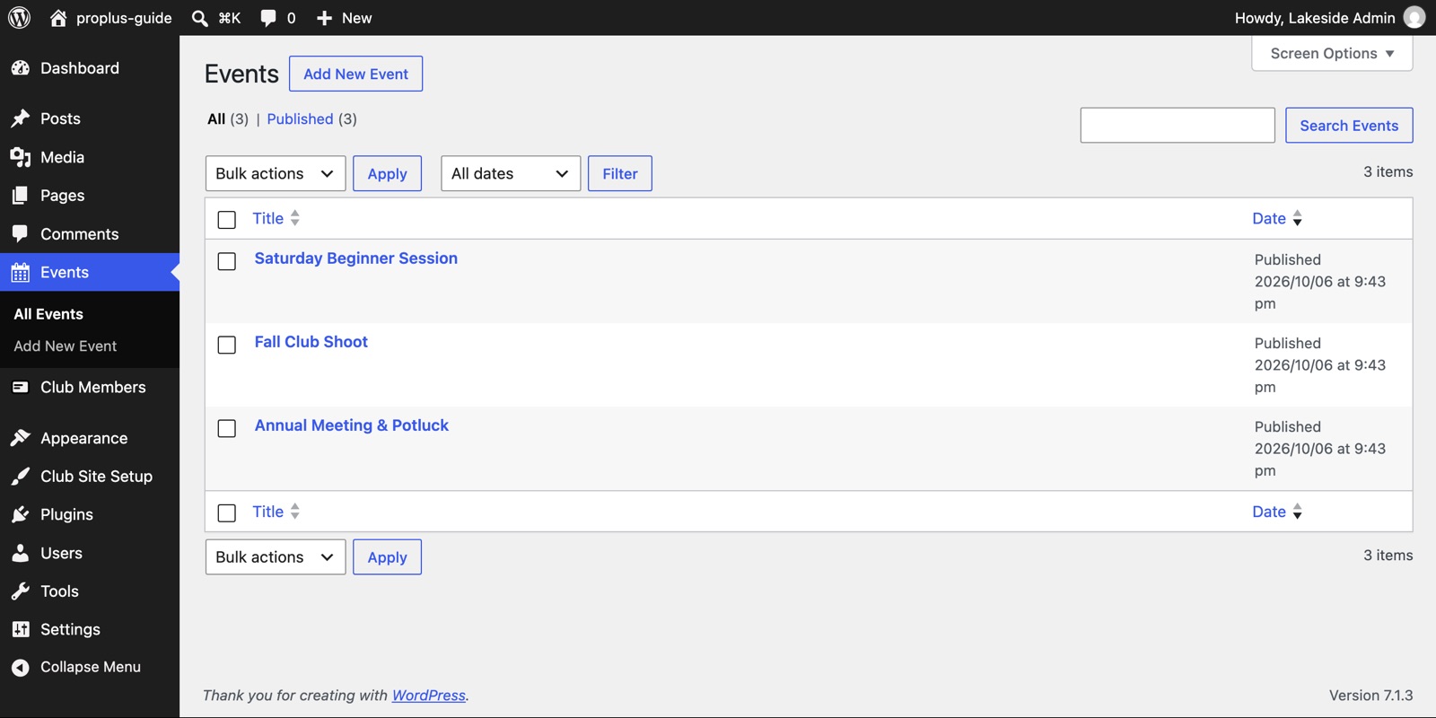 The list of events in the dashboard