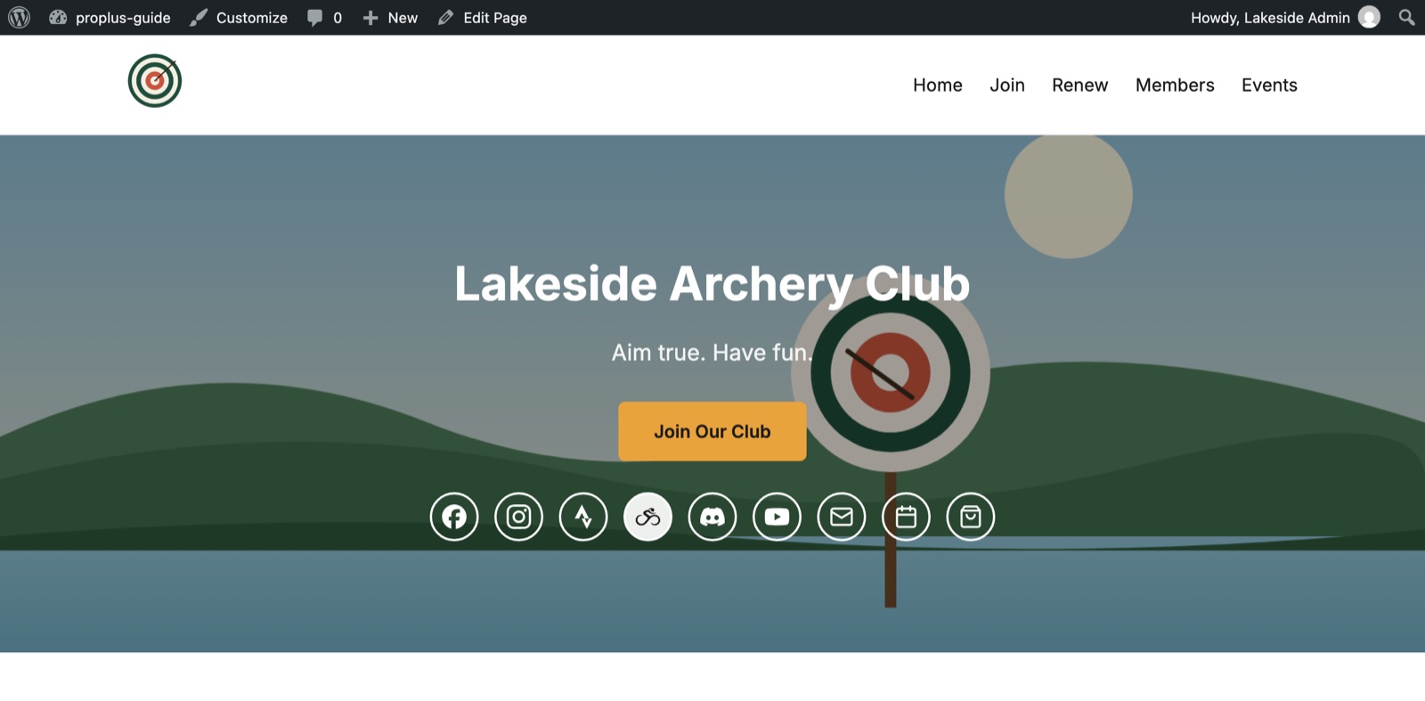 The home page with social icons under the Join button