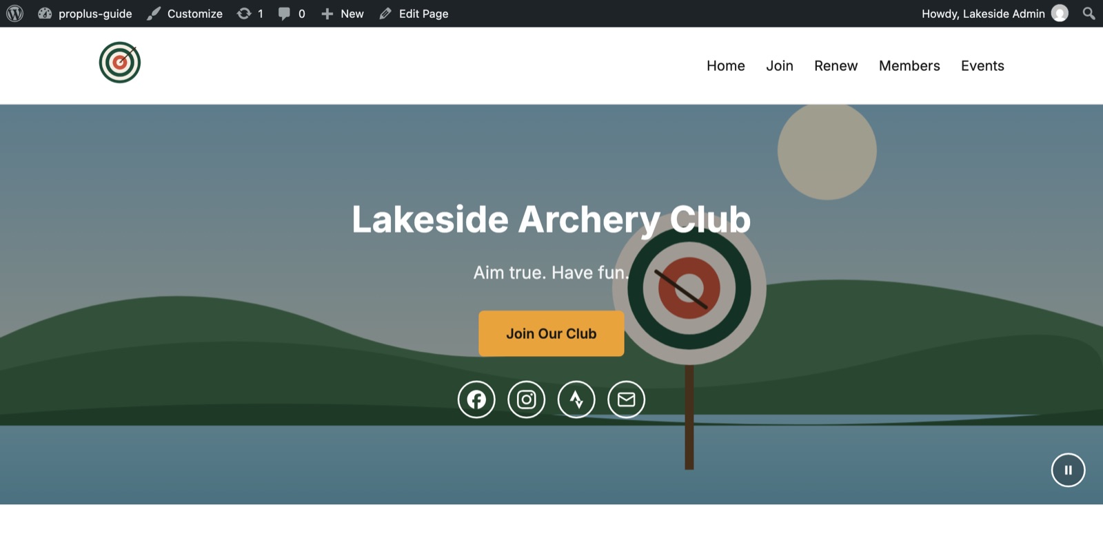 The home page hero with the club name, button, social icons and a pause button
