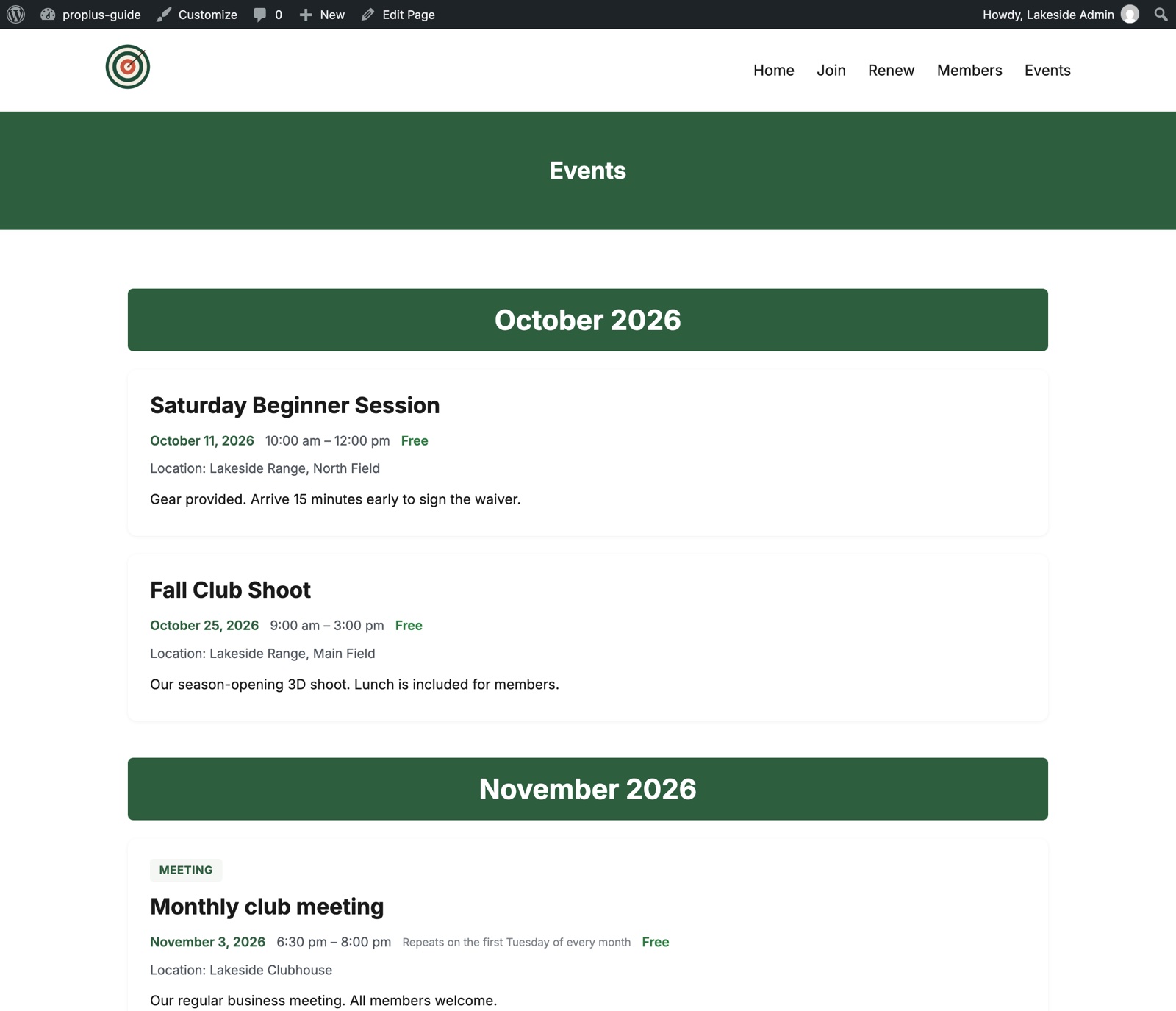 The public Events page showing a repeating event