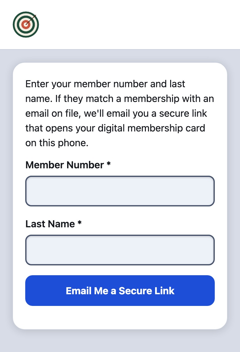 The My card page asking for a member number and last name