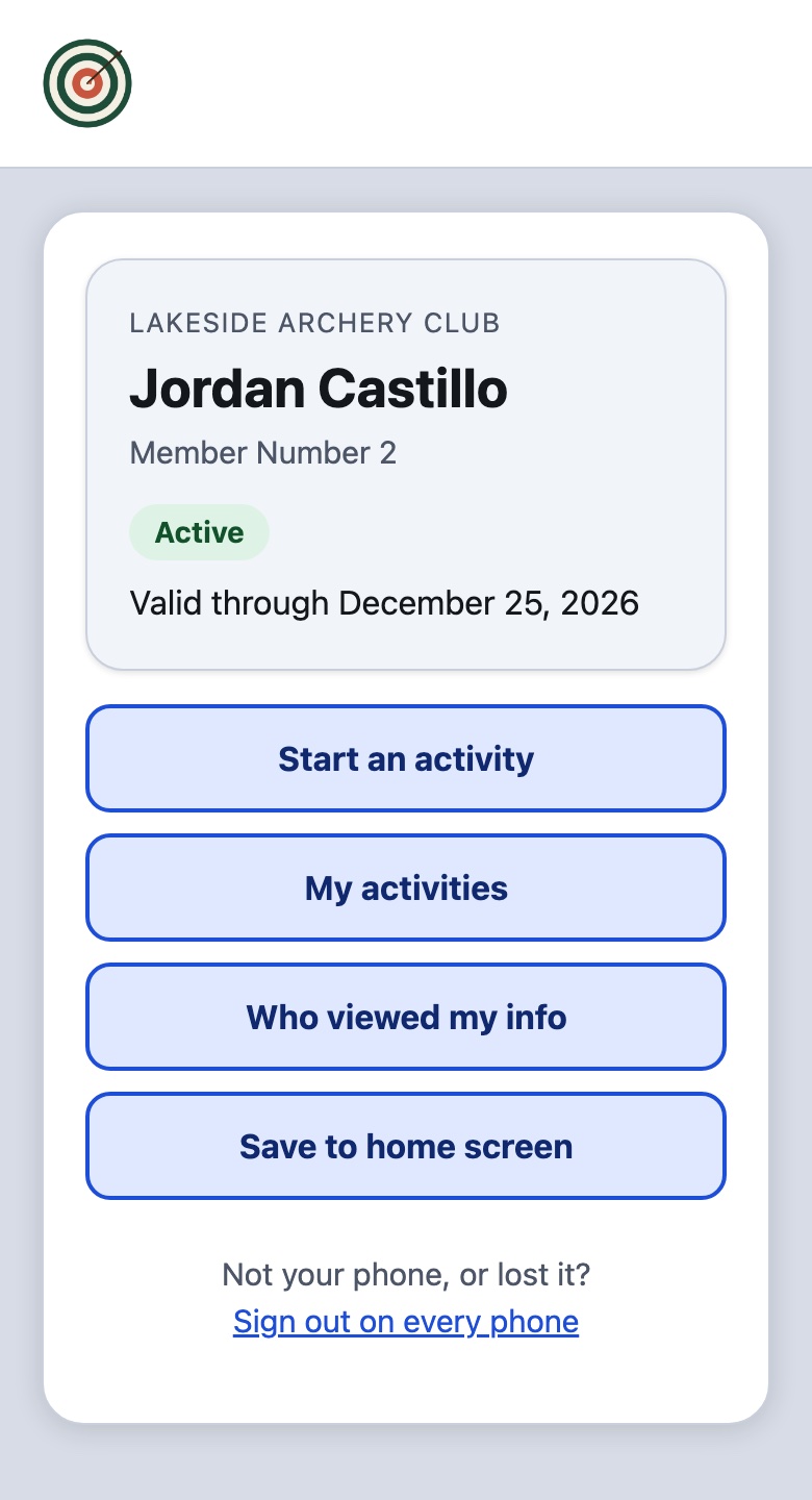A member's digital card with the Start an activity, My activities, Who viewed my info and Save to home screen buttons