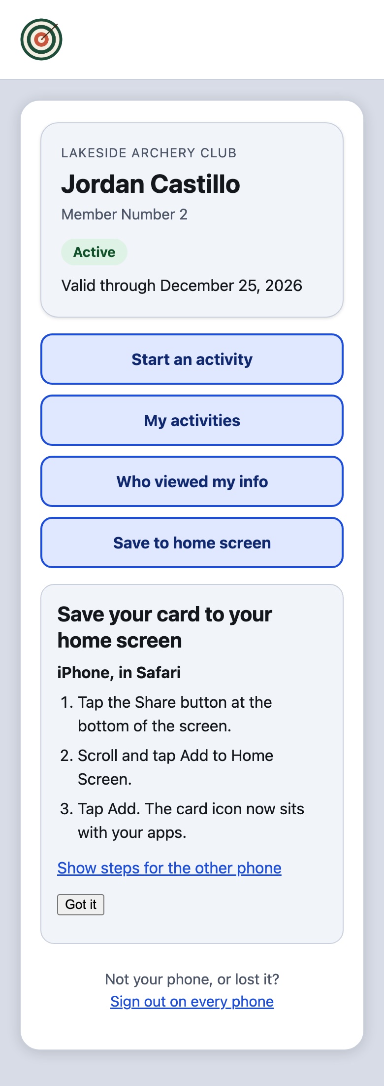 The card with the save to home screen steps for iPhone