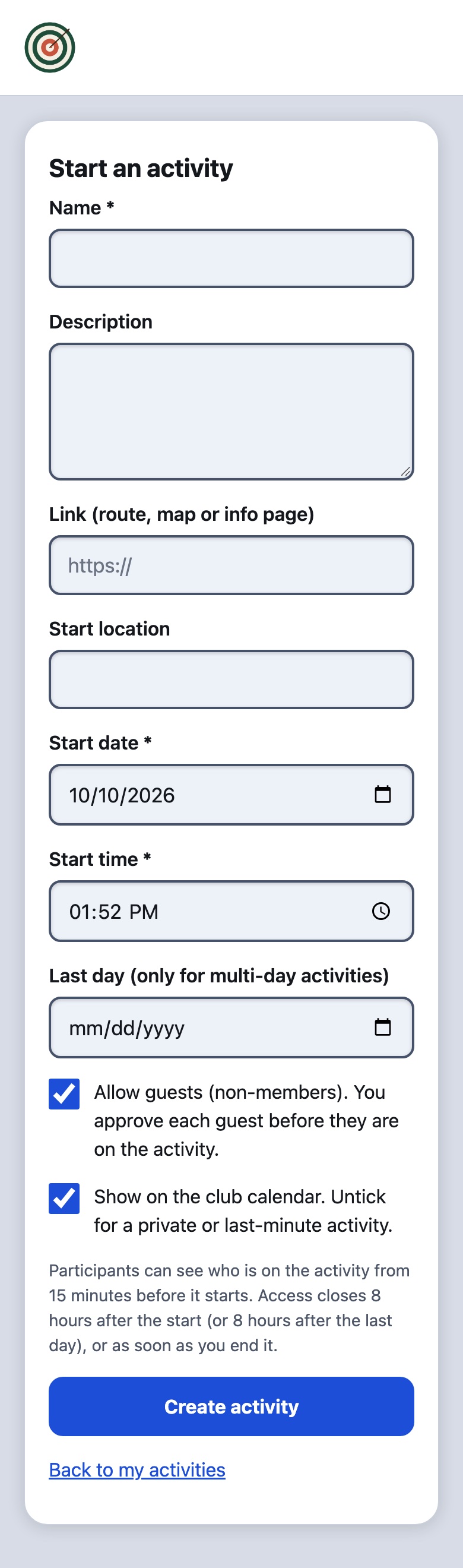 The Start an activity form