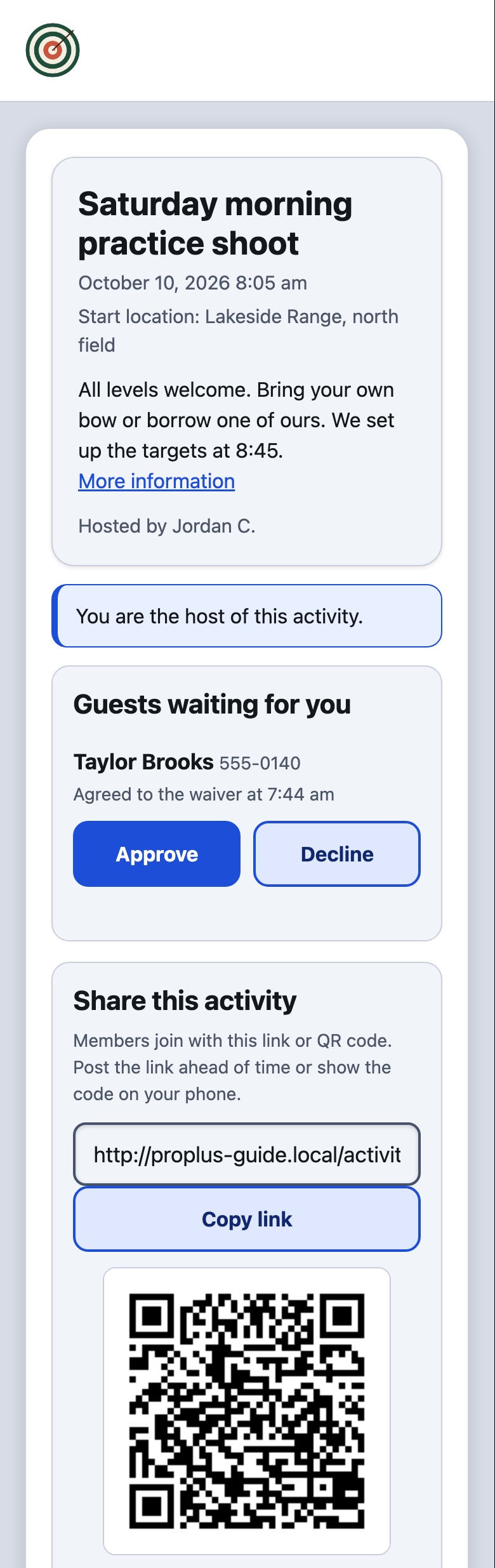 The host view with guests waiting, the share link and the QR code