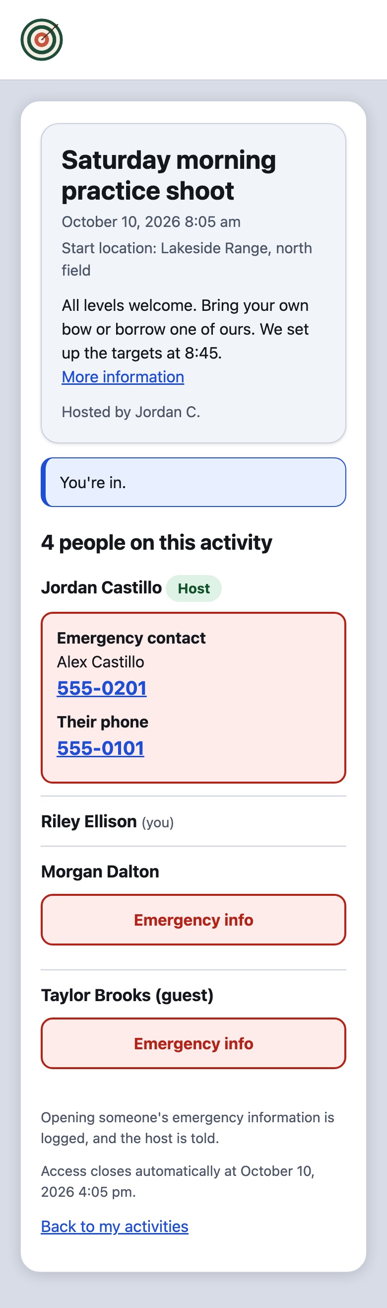 The participant list with one person's emergency contact open