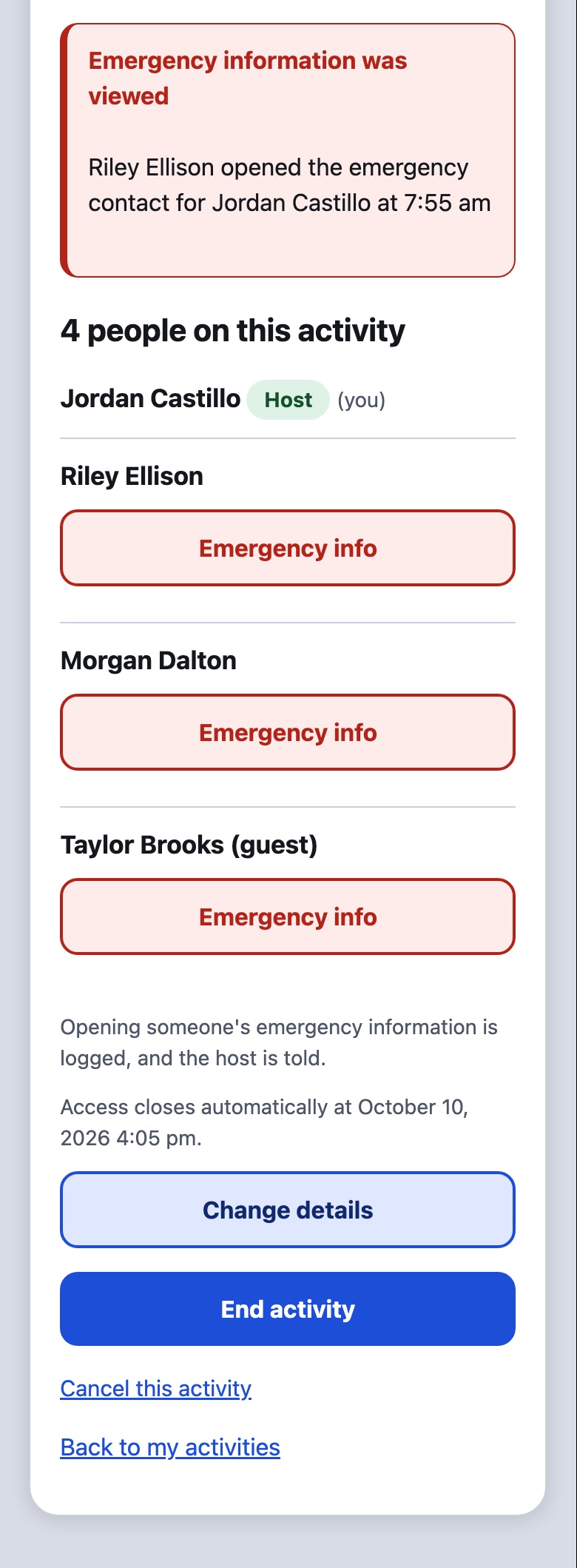 The host view showing the warning that emergency information was viewed