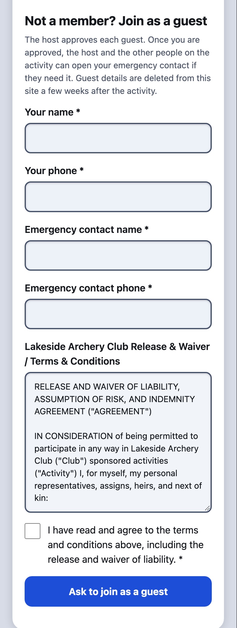 The guest form with the club waiver