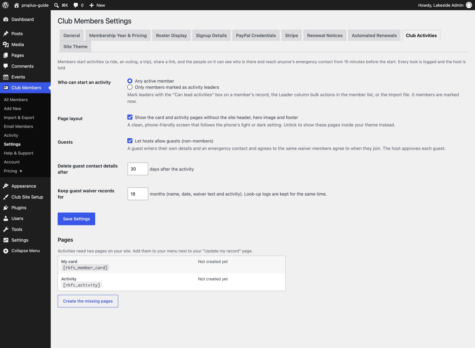The Club Activities tab in Settings with the Pages box and the Create the missing pages button