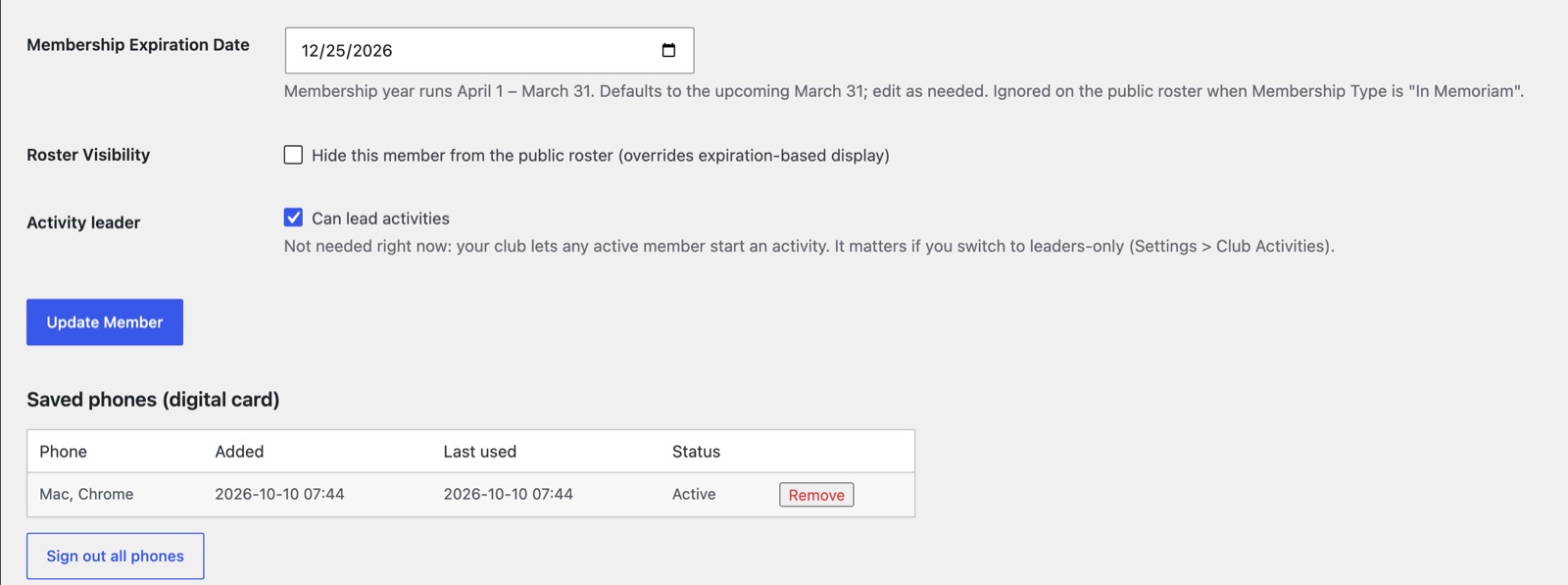 The Can lead activities box on a member's record, above the saved phones list