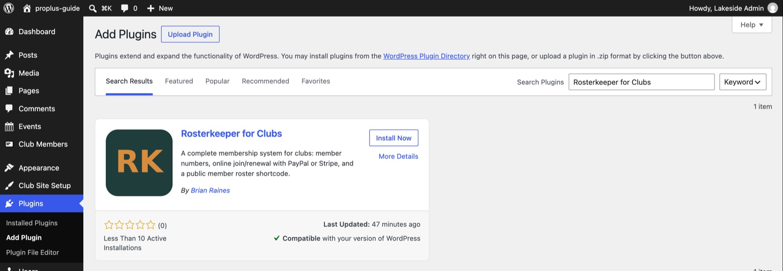 The WordPress Add Plugin screen showing Rosterkeeper for Clubs in the search results