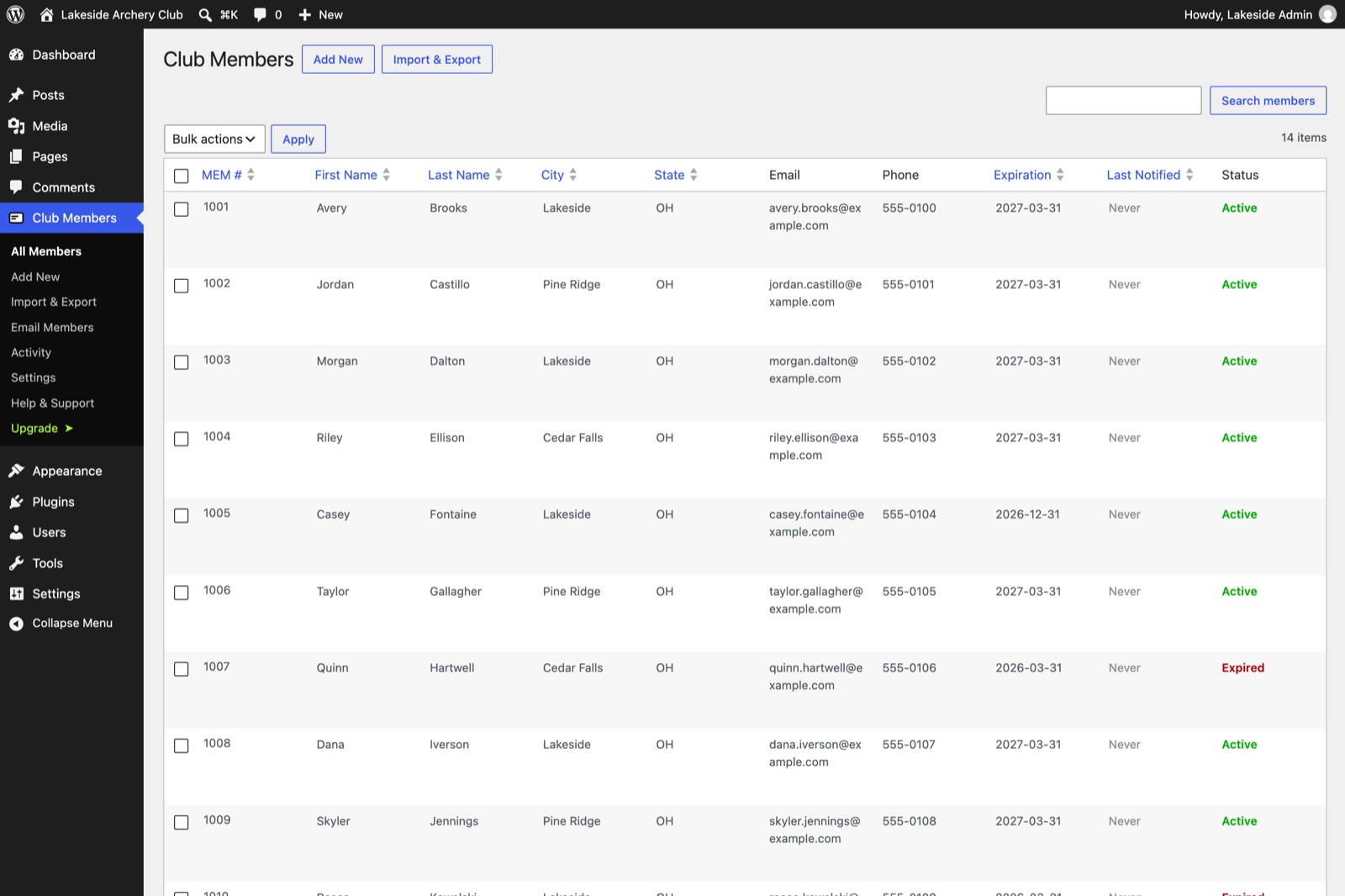 The Club Members list in the free plugin