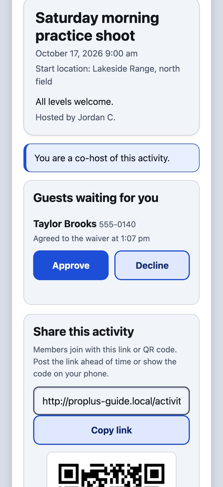 A co-host's page showing guests waiting, Approve and Decline buttons and the share box